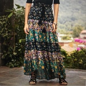 Sundance Womens Beauty In Bloom Smocked Waist Tiered Hi/Lo Patchwork Maxi Skirt